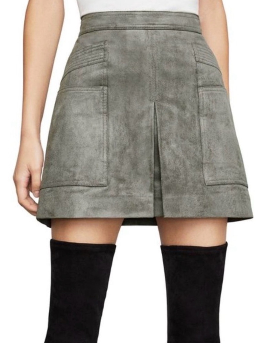 BCBGMAXAZRIA Gray Faux Suede A-Line Mini Skirt Utility Mod Y2K Size M